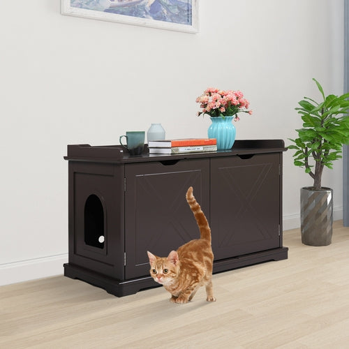 Cat Washroom Bench, Wood Litter Box Cover with Spacious Interior