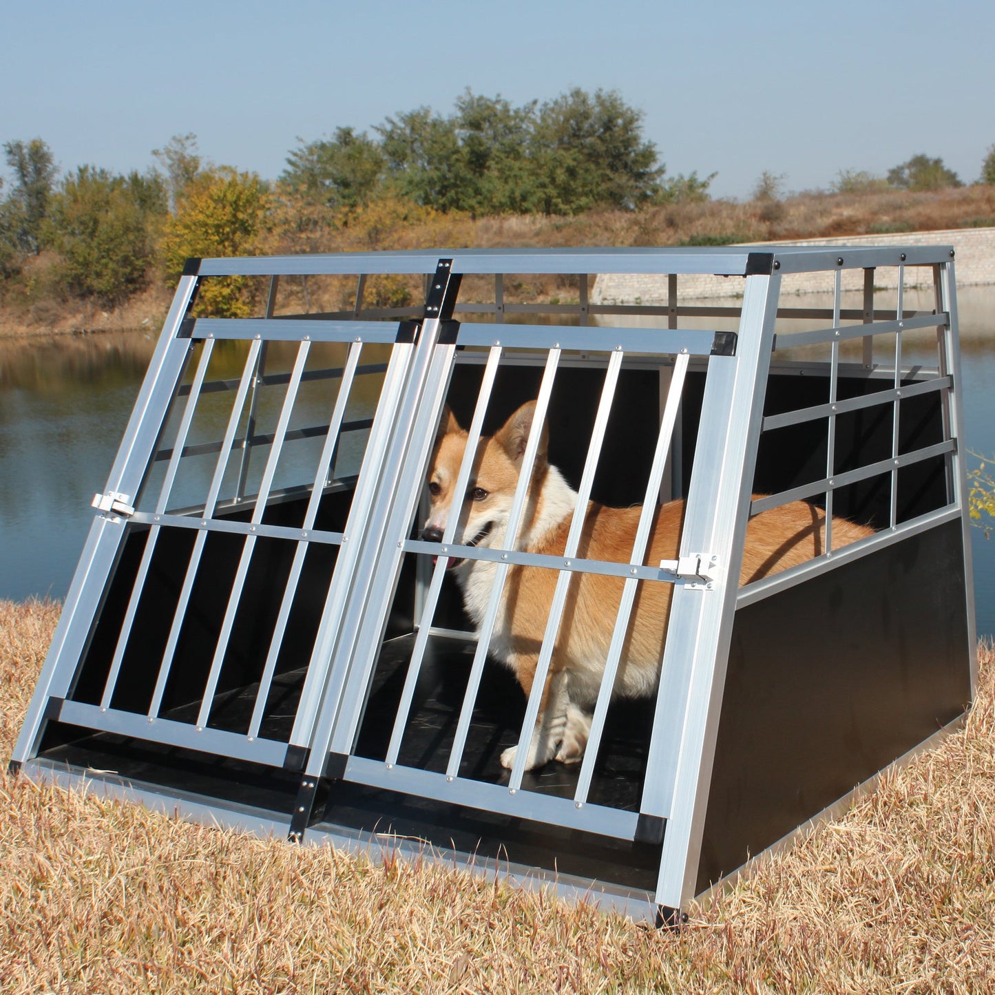 Double Doors Pet Car Transport Cage Aluminium Puppy Travel Crate Box